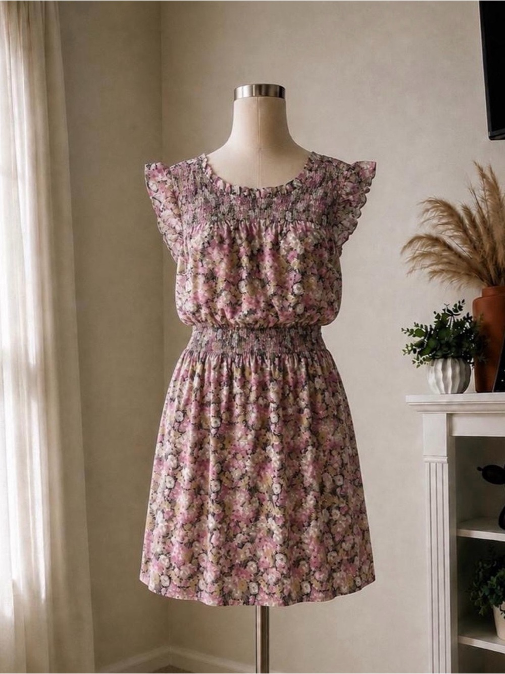 Smocked Waist Pink Floral Dress